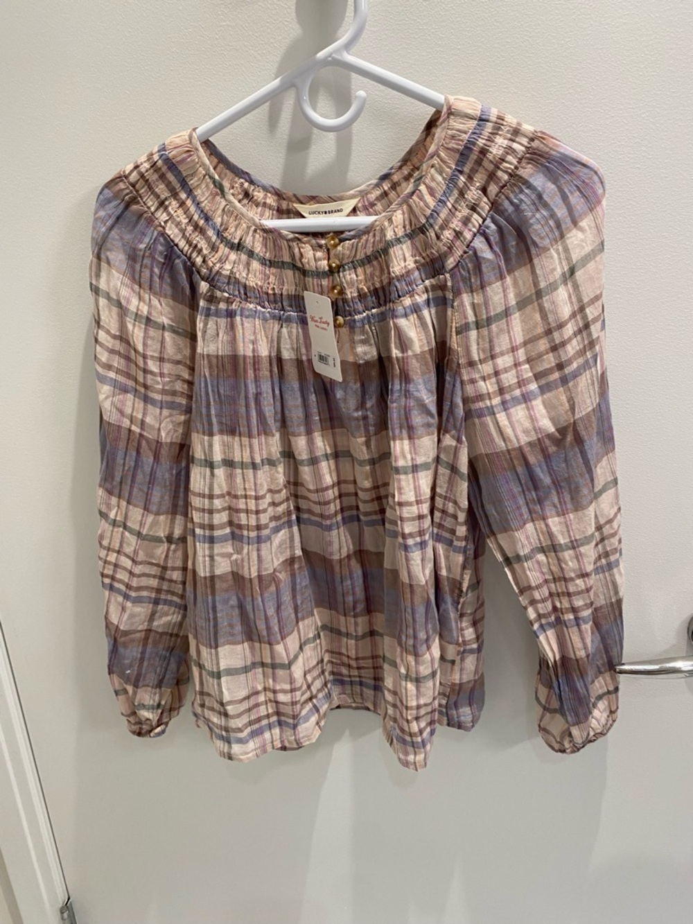 Lucky brand smocked yoke peasant top, size M, 100% cotton, NWT, never worn.